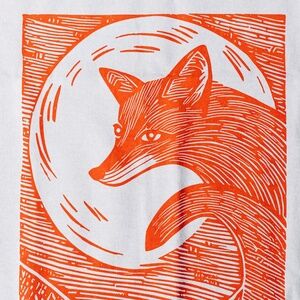 Fox in the Moonlight Organic Cotton Tea Towel Hand Printed with Orange Ink